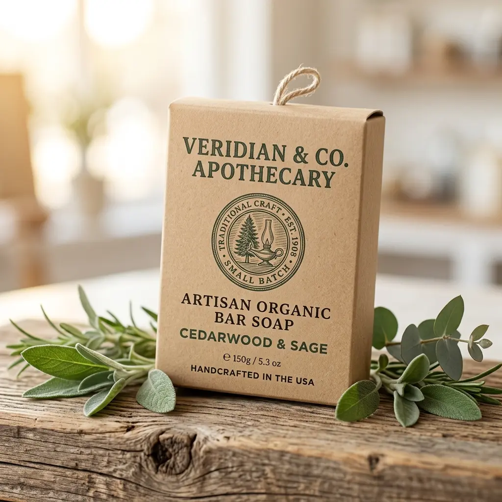 Artisan organic bar soap packaging in kraft cardboard box with cedarwood sage scent, surrounded by green sage leaves on rustic wood surface