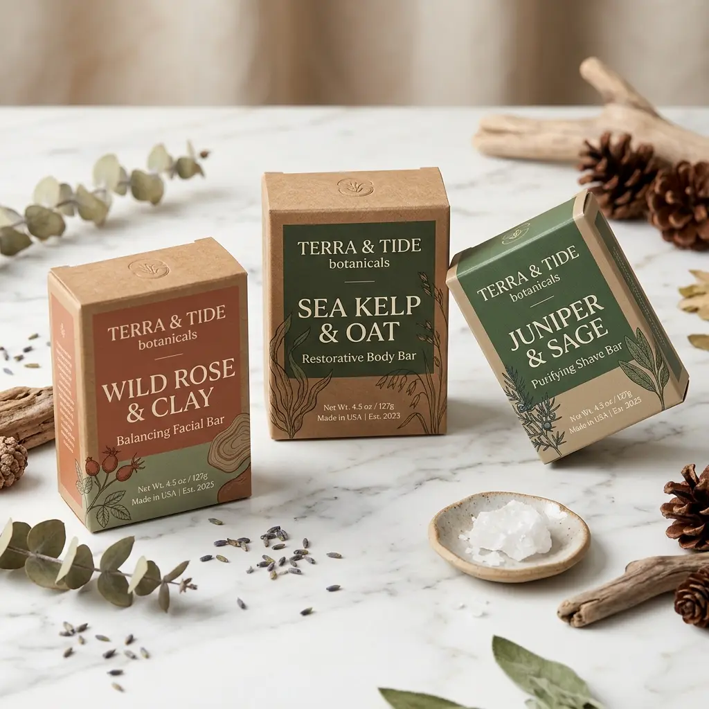 Terra & Tide botanicals soap packaging boxes in earth tones with natural ingredients like eucalyptus, pinecones, and sea salt on marble surface