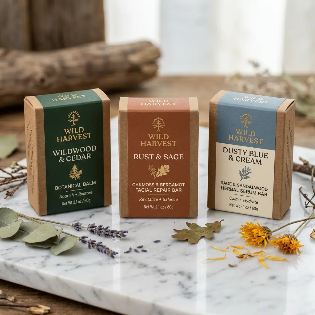 Wild Harvest botanical skincare product packaging featuring three earthy-toned boxes on marble surface with natural herbs and flowers