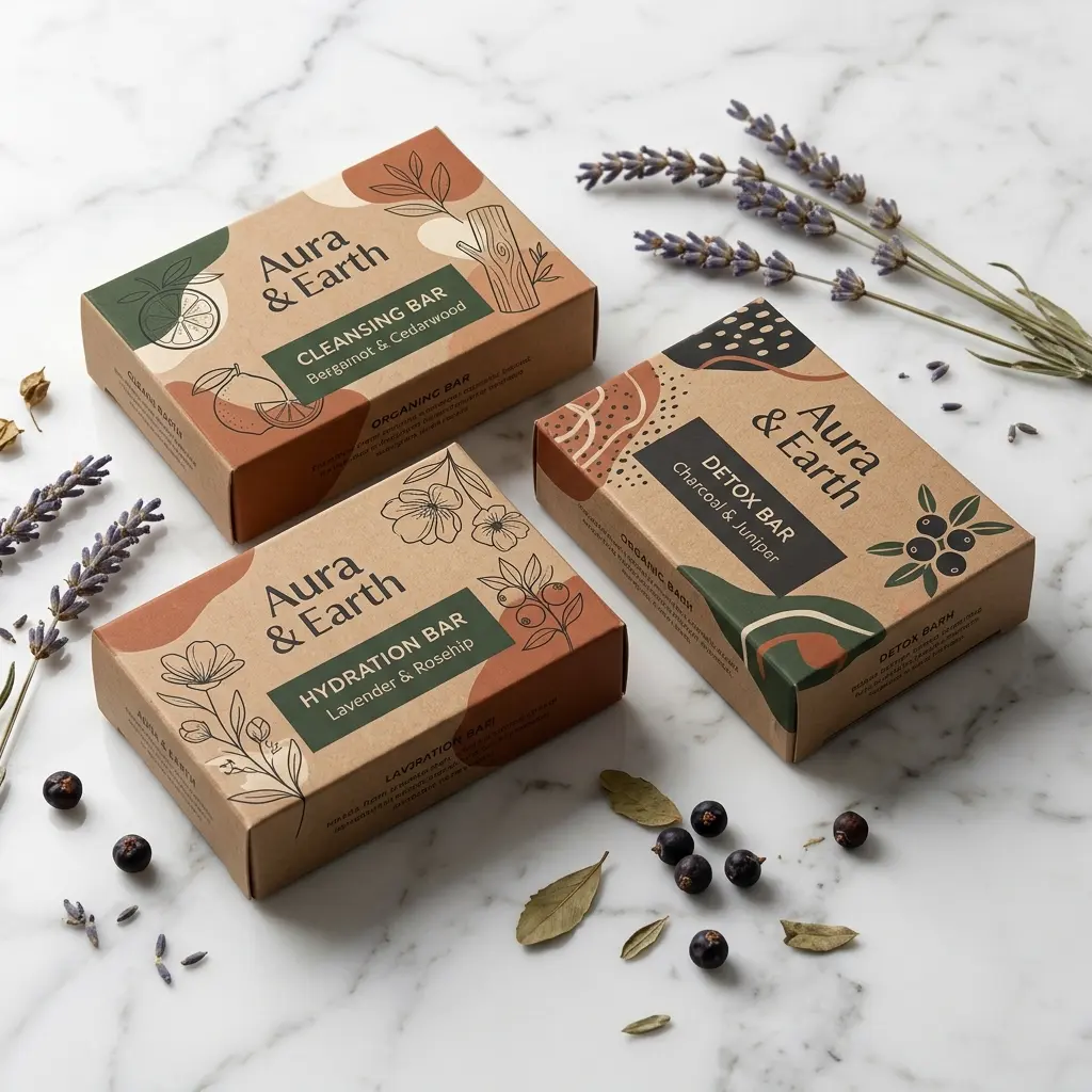 Natural soap packaging design with lavender sprigs and berries on marble surface showcasing Aura & Earth cleansing, hydration and detox bars in ear...