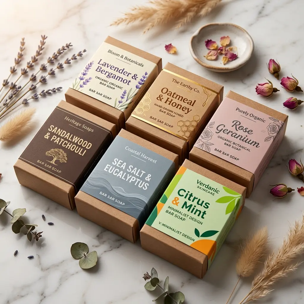Six artisanal organic soap bars with natural packaging design featuring lavender, oatmeal honey, rose geranium, and citrus mint varieties on marble...