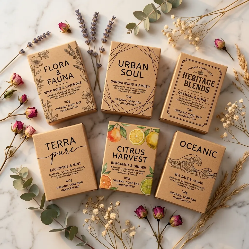 Organic soap packaging collection with natural ingredients displayed on marble surface surrounded by dried flowers lavender and eucalyptus