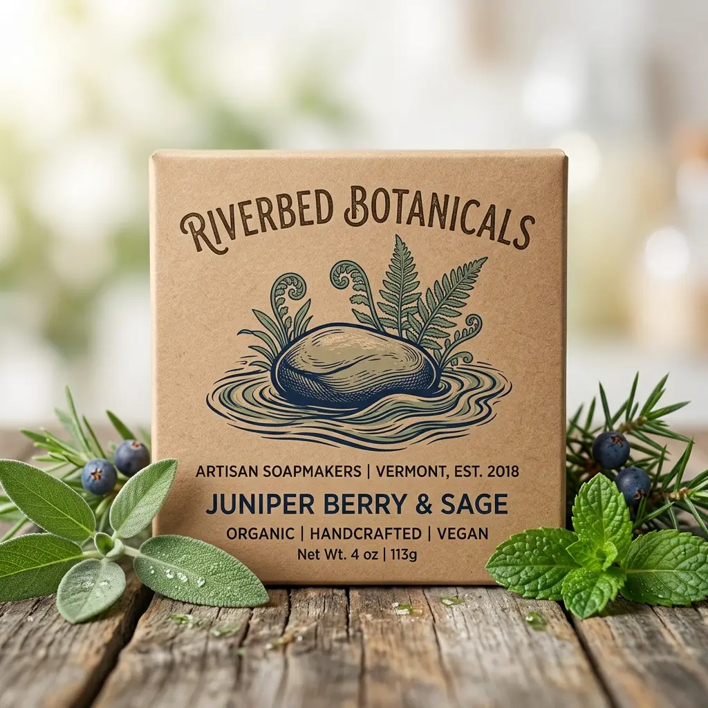 Riverbed Botanicals juniper berry sage soap packaging on rustic wood with fresh herbs and berries natural organic skincare