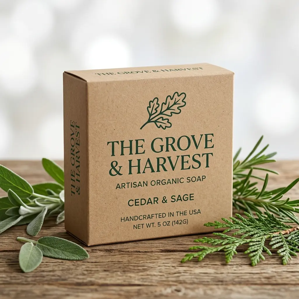 Natural kraft soap box labeled The Grove & Harvest cedar sage artisan organic soap on rustic wood with green herbs