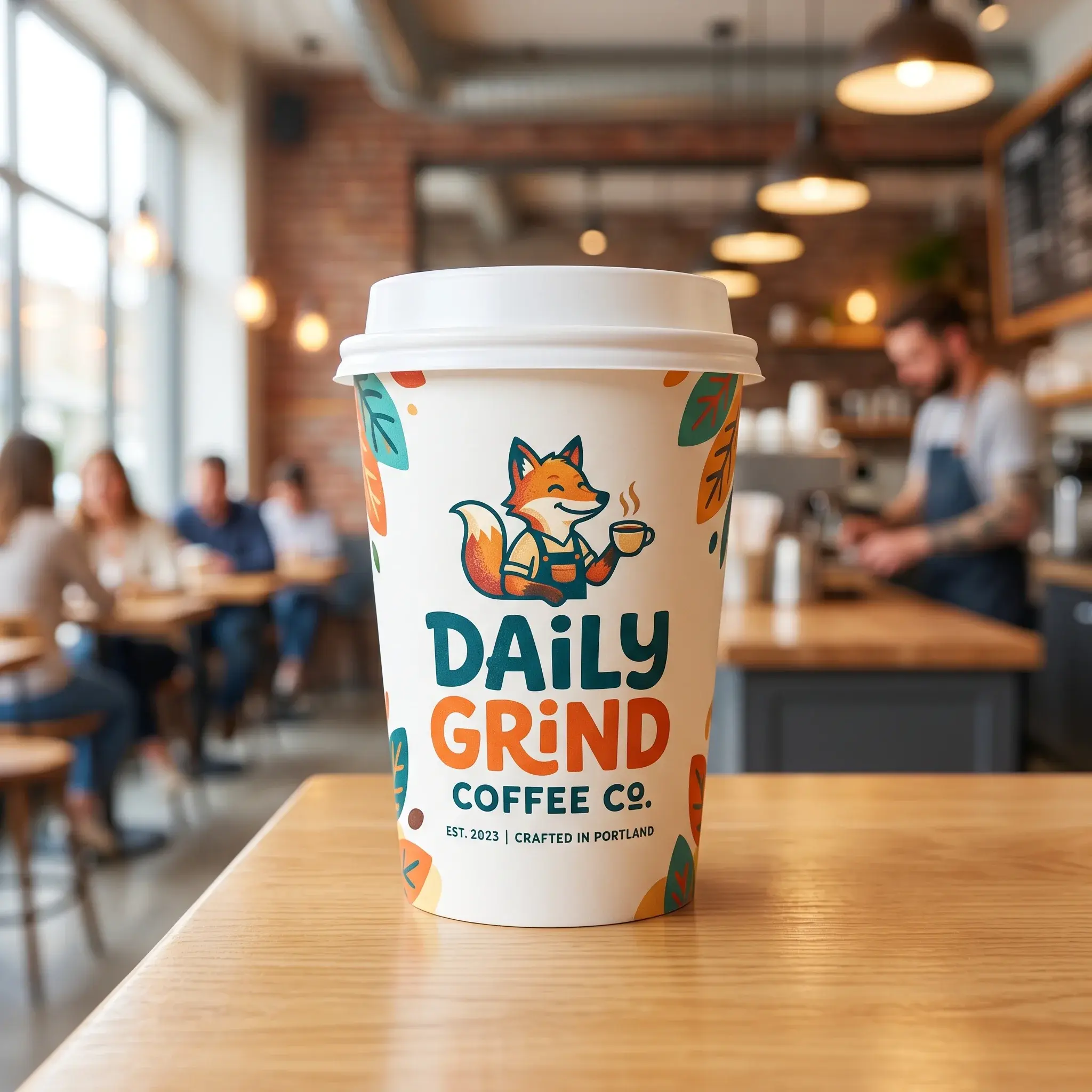 Daily Grind Coffee Co. branded white takeaway cup with orange fox mascot on wooden table in busy coffee shop interior