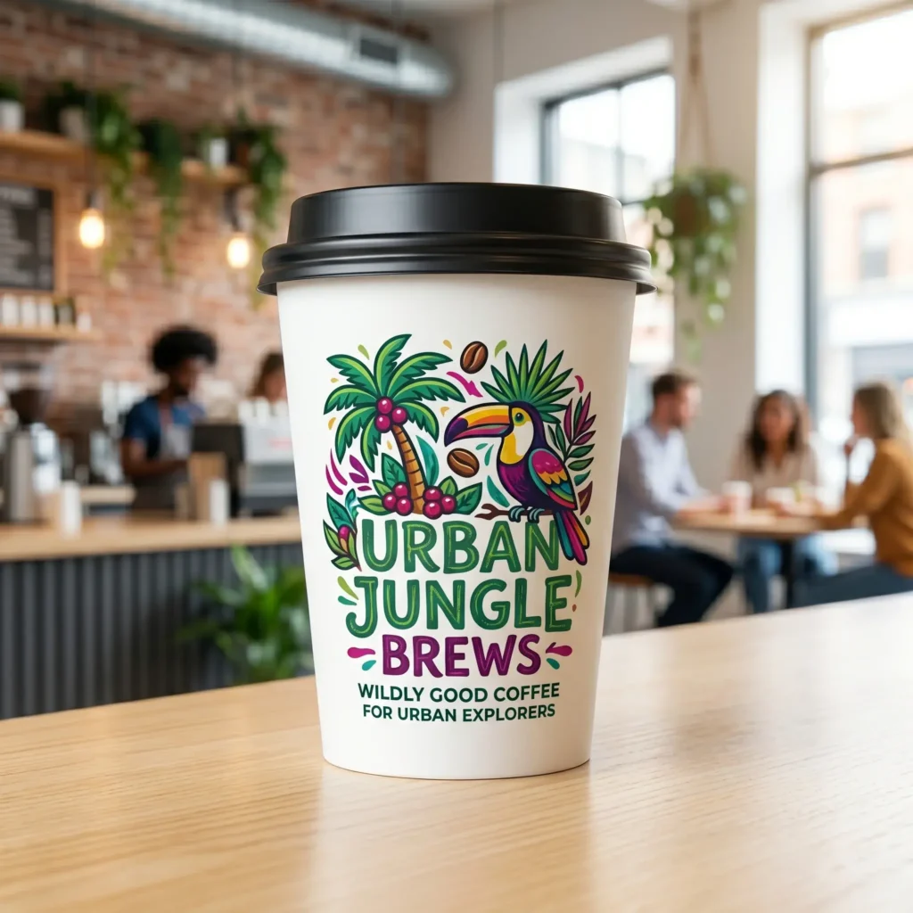 White coffee cup with black lid featuring colorful Urban Jungle Brews logo with toucan and palm trees on wooden table in modern cafe