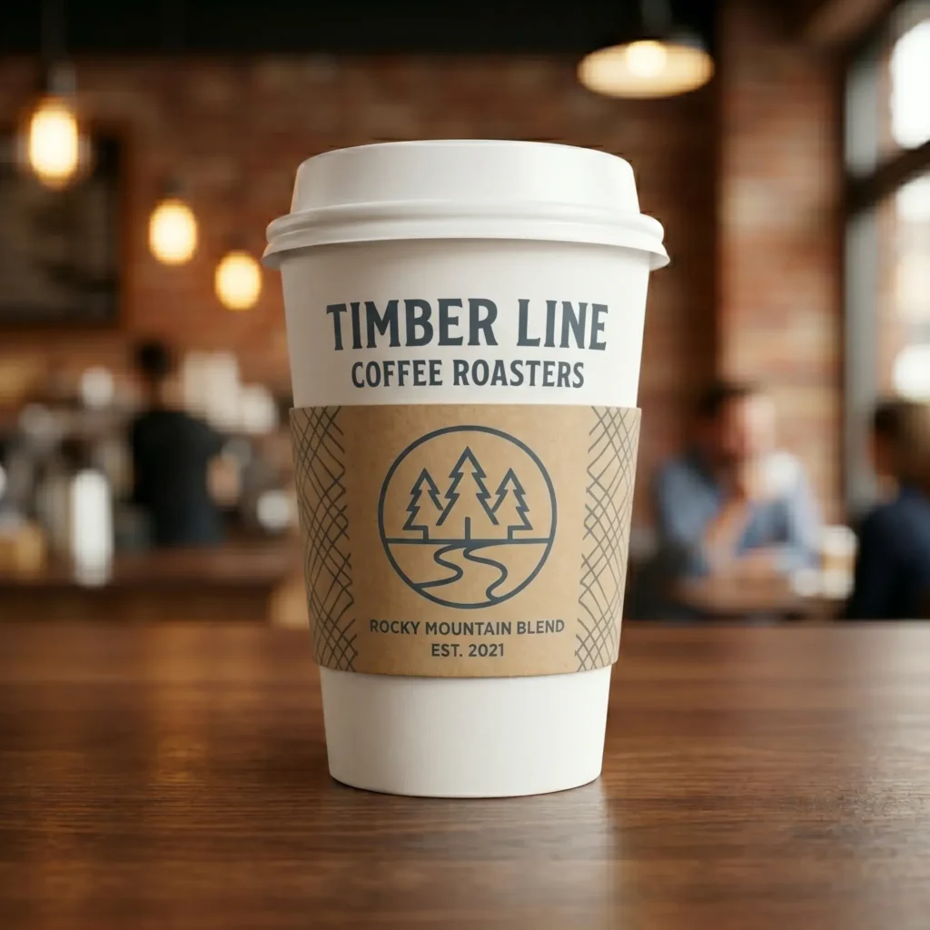White coffee cup with Timber Line Coffee Roasters branding and brown cardboard sleeve featuring mountain logo on wooden table in warm cafe setting
