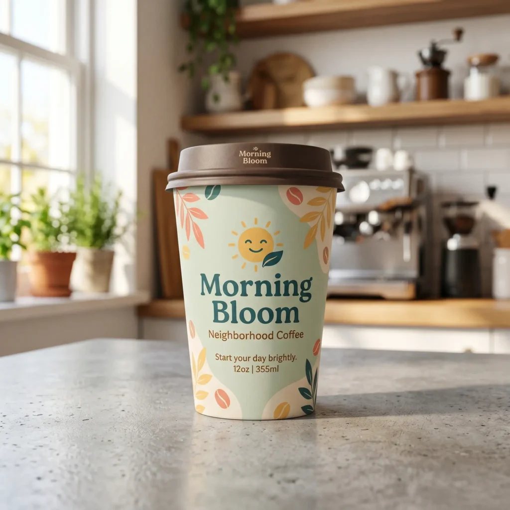Morning Bloom coffee cup with colorful floral design and brown lid on marble counter in bright modern kitchen with natural lighting