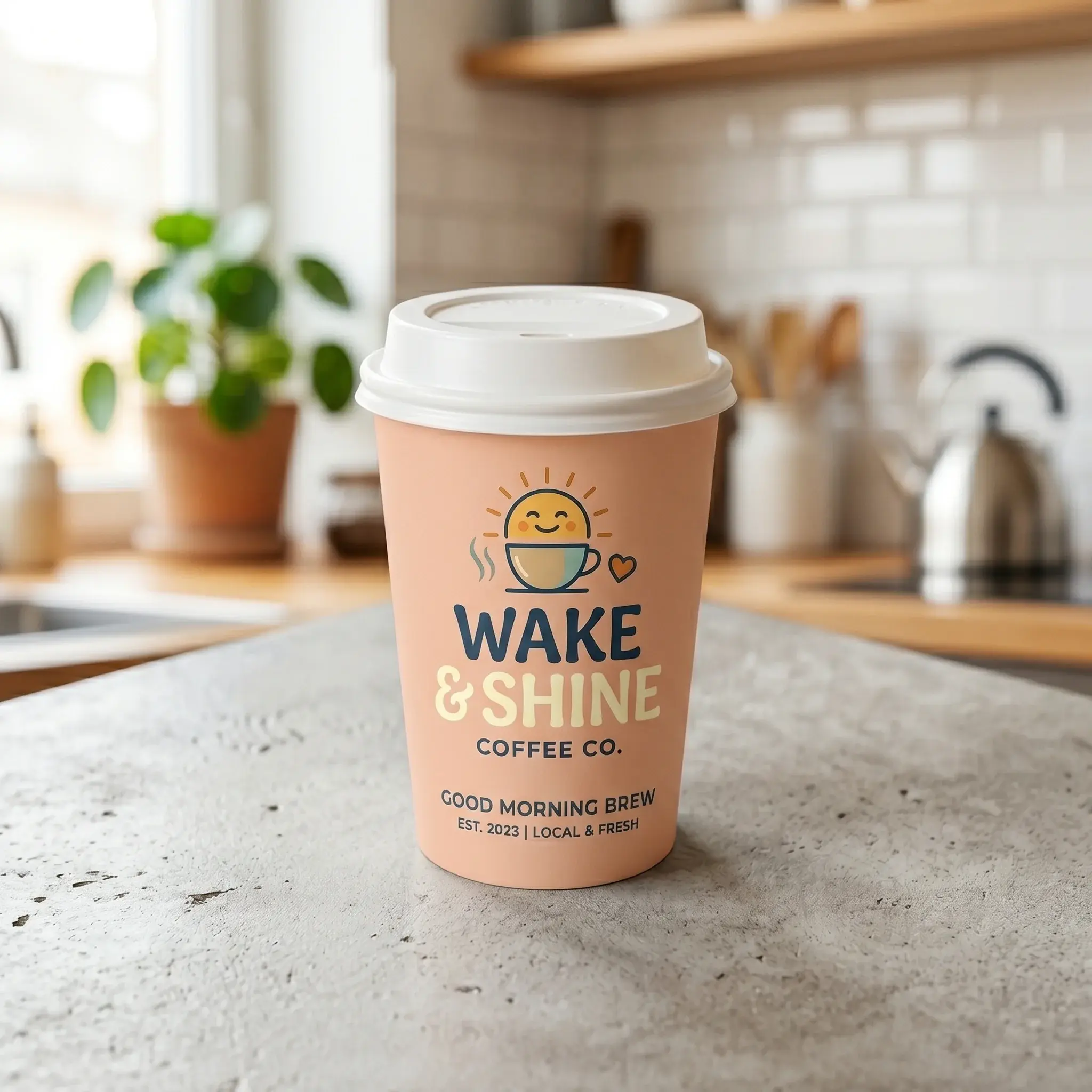 Peach-colored coffee cup with Wake & Shine Coffee Co. logo on granite kitchen counter with white cabinets and green plant