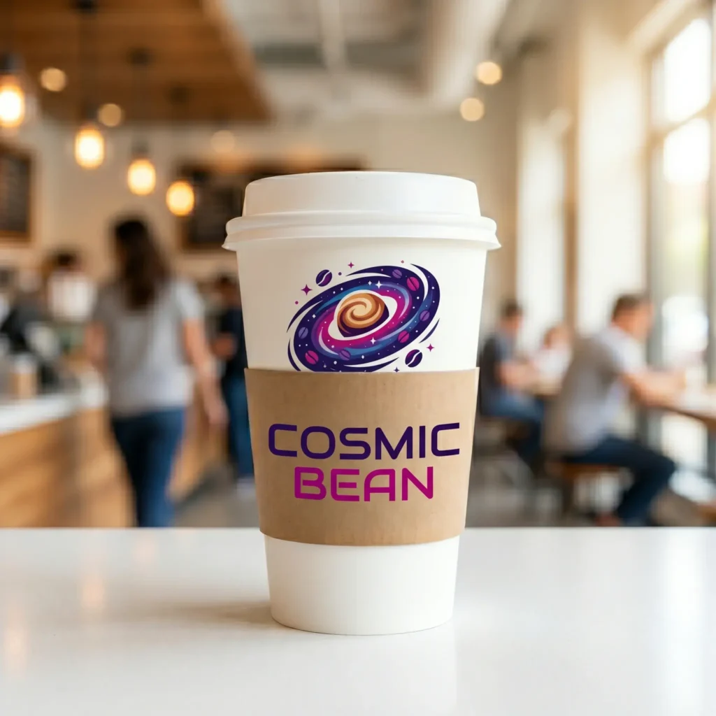 White coffee cup with Cosmic Bean logo featuring purple galaxy design and cardboard sleeve in modern cafe setting