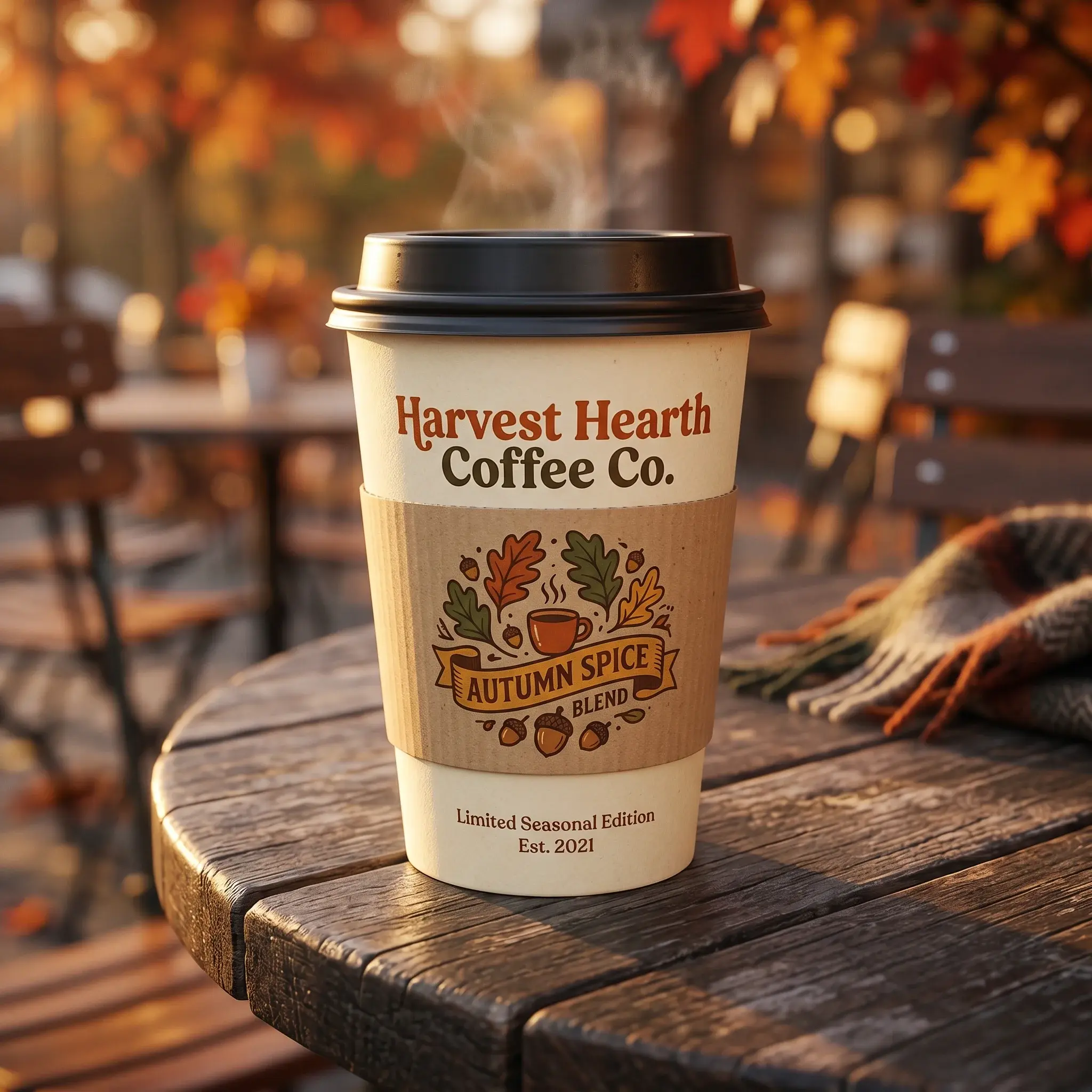 Autumn spice coffee cup with seasonal packaging design on rustic wooden table with warm fall foliage bokeh background