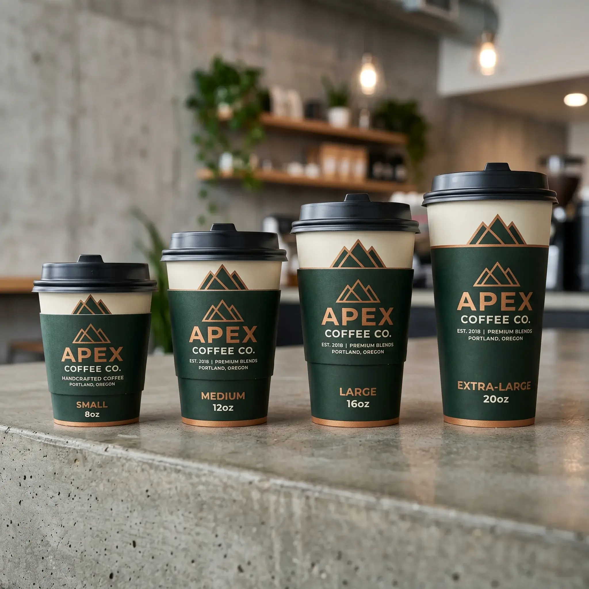 Four branded coffee cups in green sleeves with mountain logos lined up by size on concrete counter in modern cafe