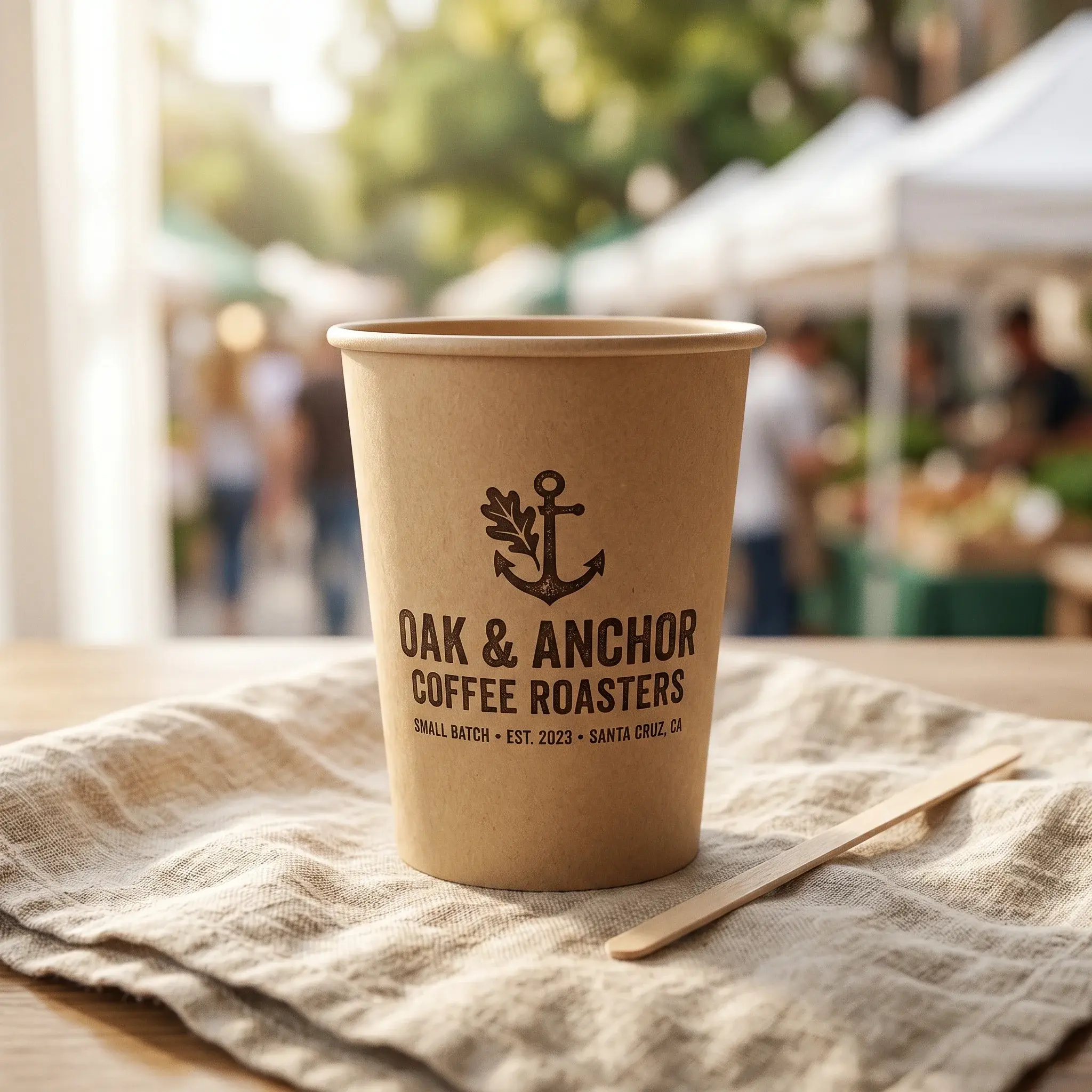 Kraft paper coffee cup with Oak & Anchor logo on wooden table at outdoor cafe, eco-friendly packaging design