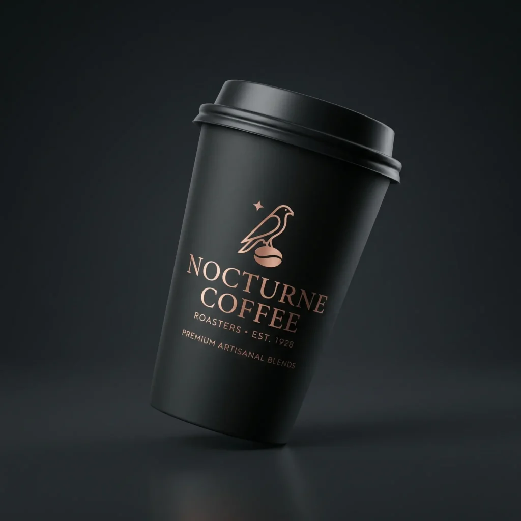 Black premium coffee cup with rose gold Nocturne Coffee branding and bird logo on dark background, elegant packaging design