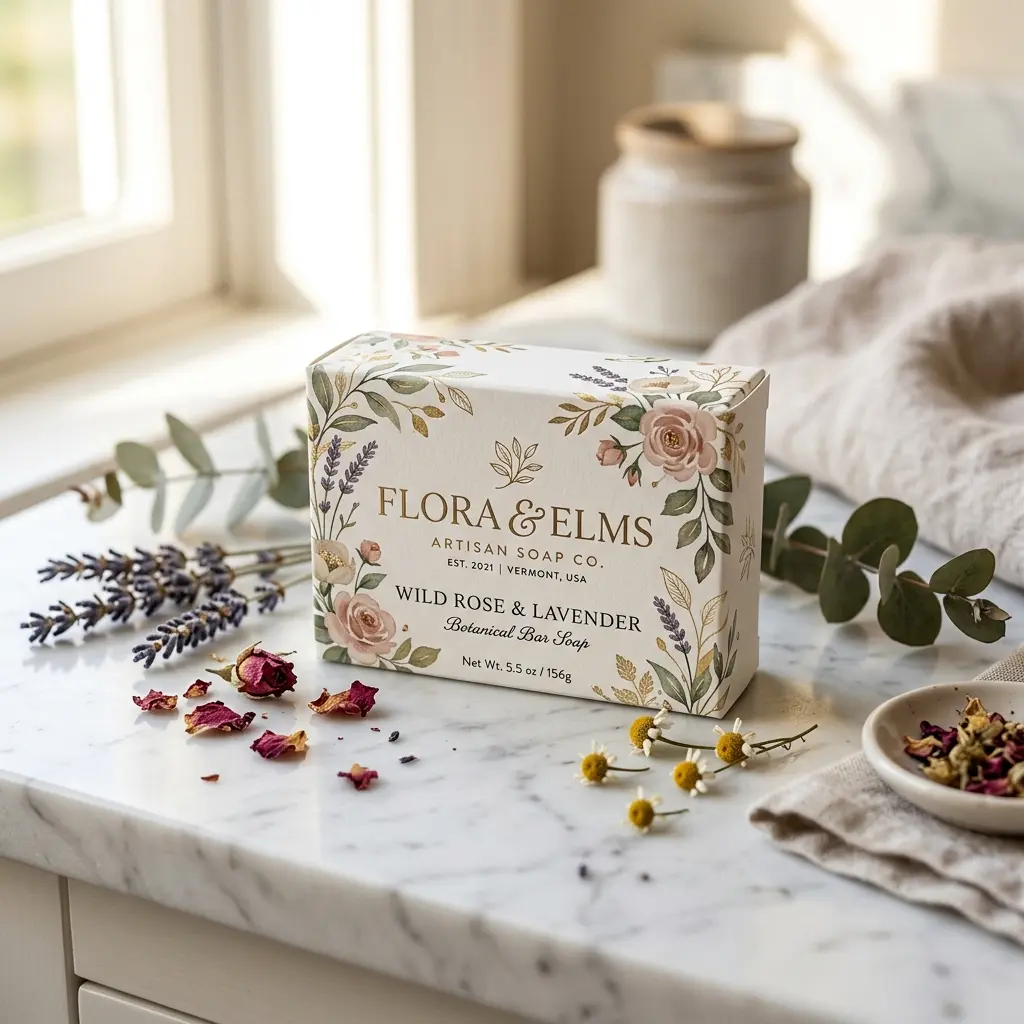 Flora & Elms wild rose lavender botanical bar soap packaging on white marble surface with dried flowers and eucalyptus in soft natural light
