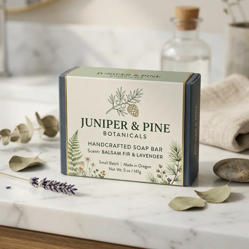 Juniper & Pine handcrafted soap bar packaging with balsam fir lavender scent on white marble surface with eucalyptus leaves