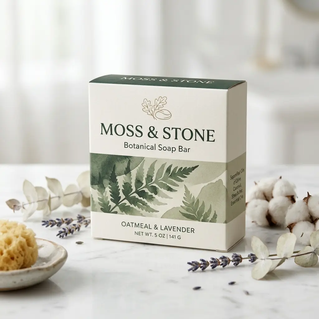Moss & Stone botanical soap bar packaging in green and white with fern design, surrounded by lavender sprigs and cotton flowers