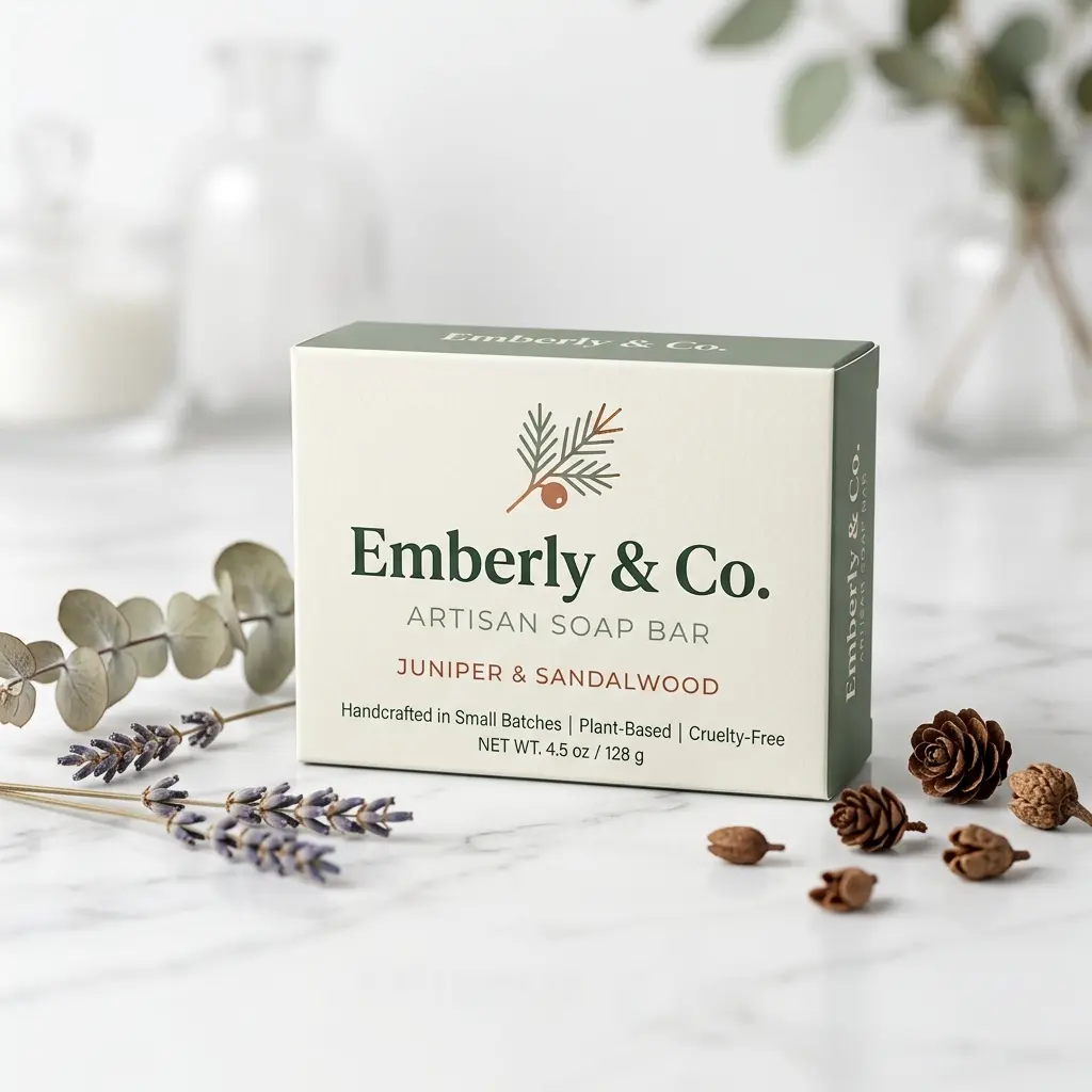 Emberly & Co artisan soap bar package in cream and sage green with juniper sandalwood scent surrounded by lavender sprigs and pinecones