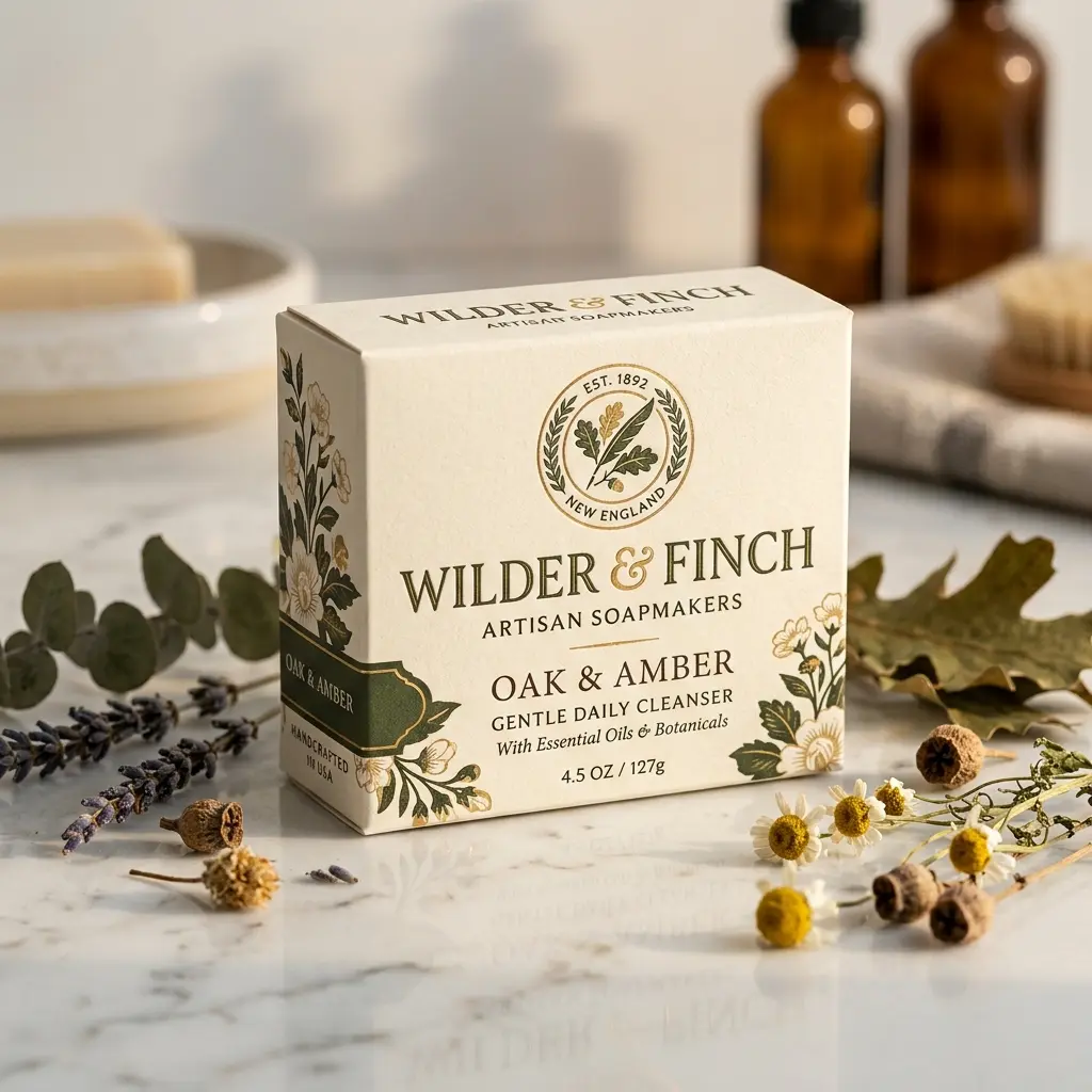 Wilder & Finch Oak & Amber artisan soap box surrounded by dried botanicals, lavender, eucalyptus on marble surface