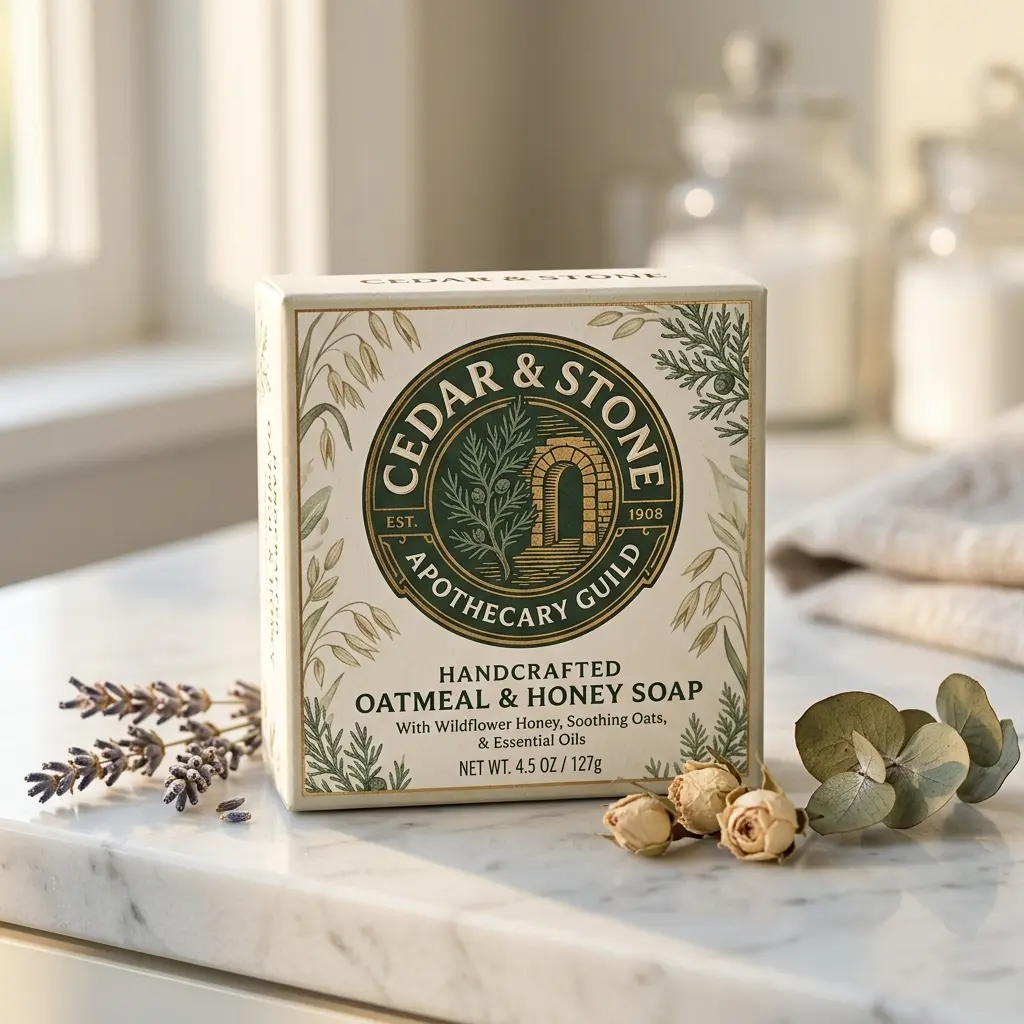 Cedar & Stone handcrafted oatmeal honey soap box on marble counter with lavender sprigs and dried roses in bright bathroom setting