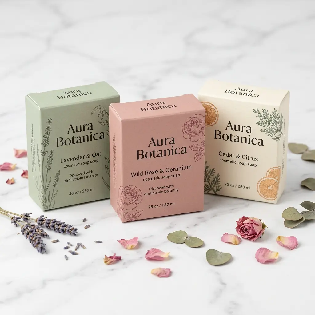 Three Aura Botanica cosmetic soap boxes in sage green, dusty rose, and cream with botanical illustrations surrounded by dried lavender, rose petals...