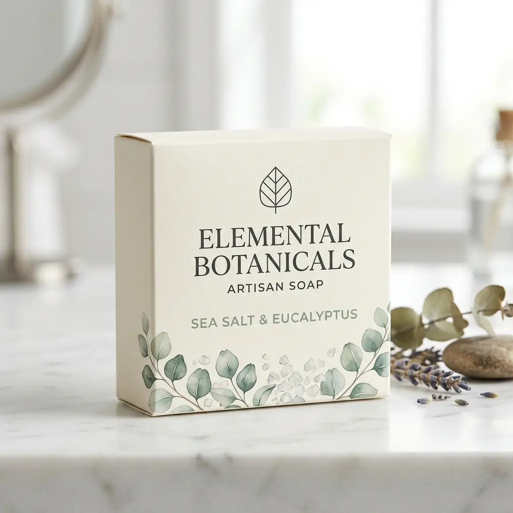 Elegant cream soap packaging box for Elemental Botanicals Sea Salt & Eucalyptus artisan soap with botanical leaf design on white marble surface
