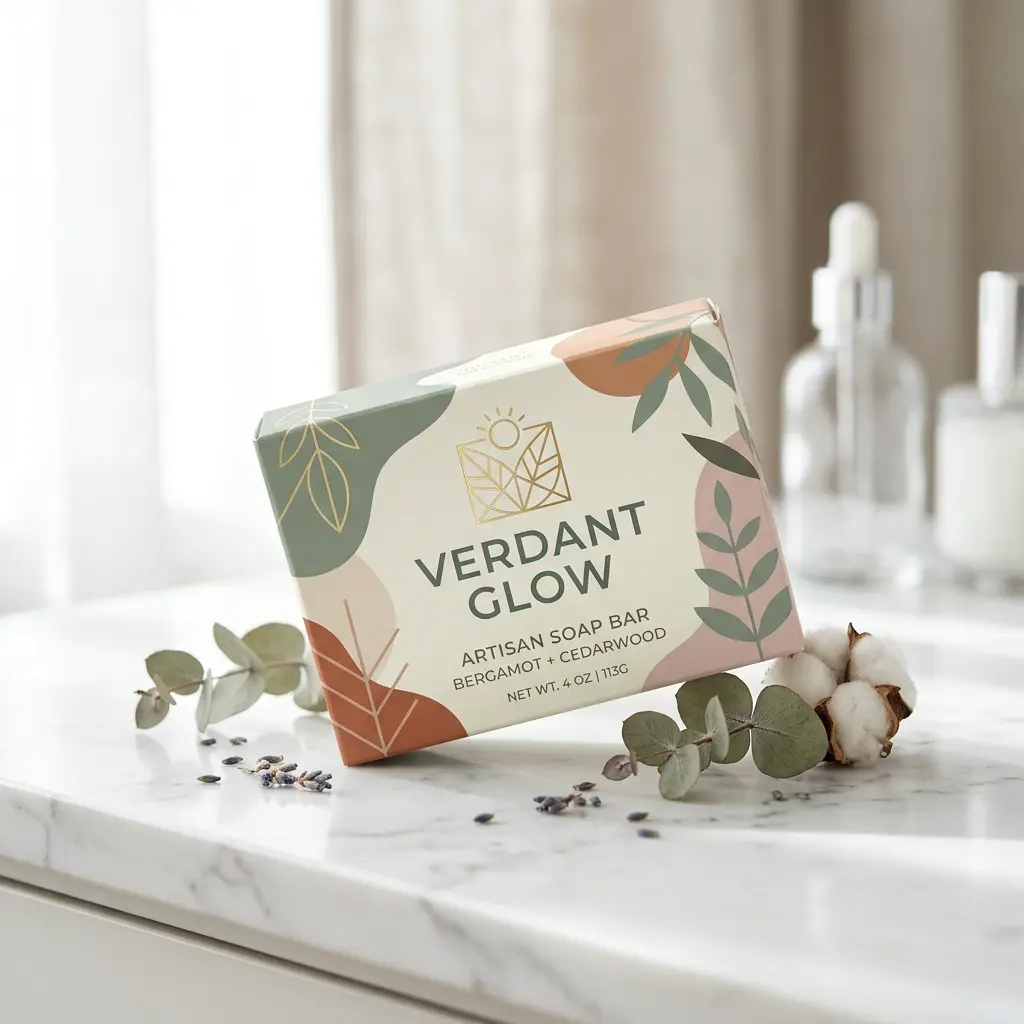 Verdant Glow artisan soap bar with botanical leaf packaging design on white marble surface with eucalyptus and lavender