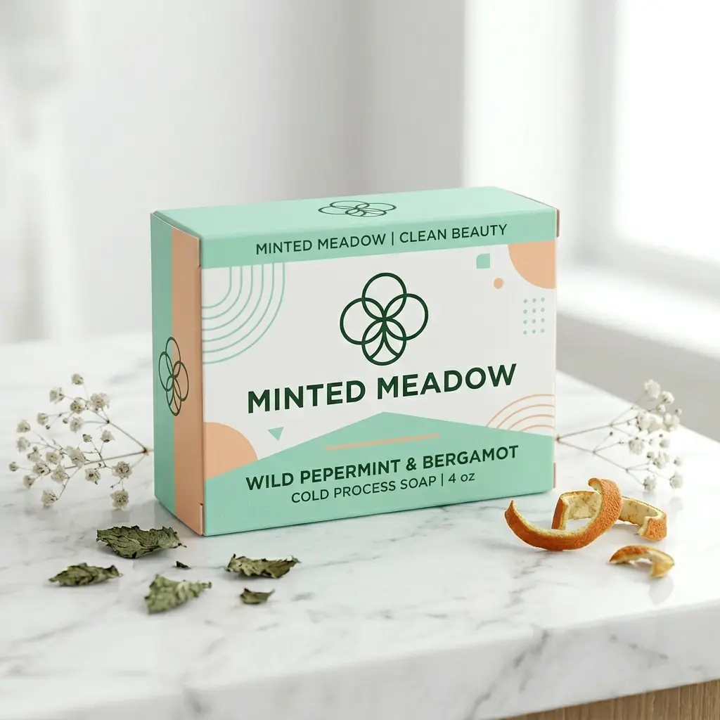 Mint green Minted Meadow soap box with peppermint bergamot cold process soap on marble surface with dried herbs orange peel