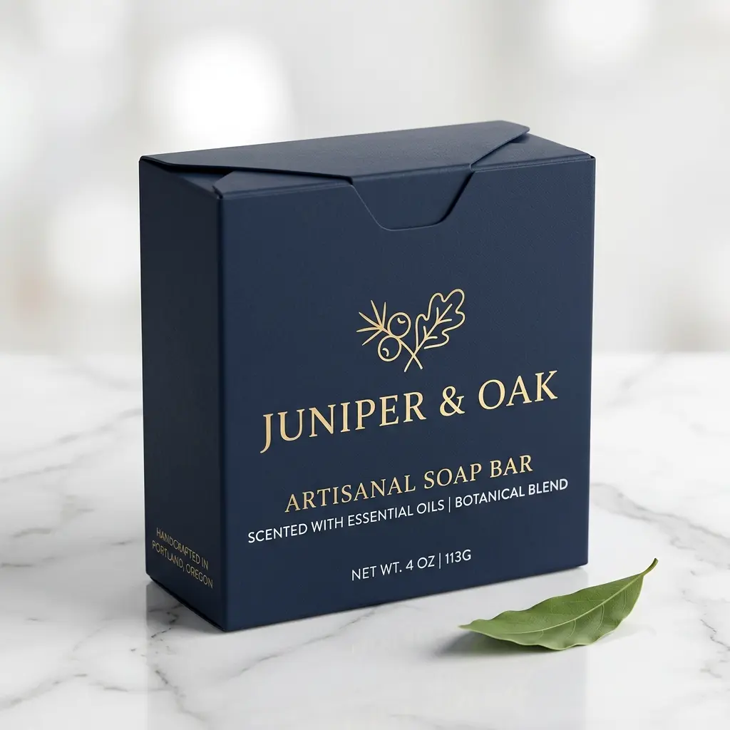 Navy blue artisanal soap packaging box with gold Juniper & Oak branding on white marble surface with green leaf accent