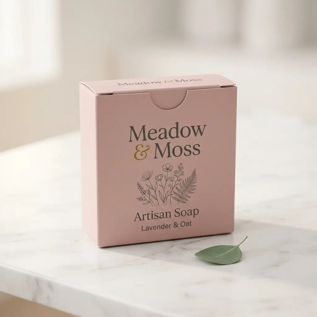 Pink artisan soap packaging box for Meadow & Moss lavender oat soap on white marble surface with green leaf accent