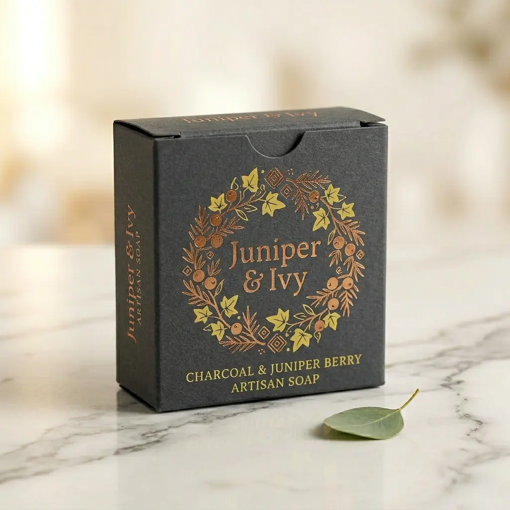 Juniper & Ivy charcoal artisan soap box with golden botanical wreath design on dark packaging, marble surface with leaf