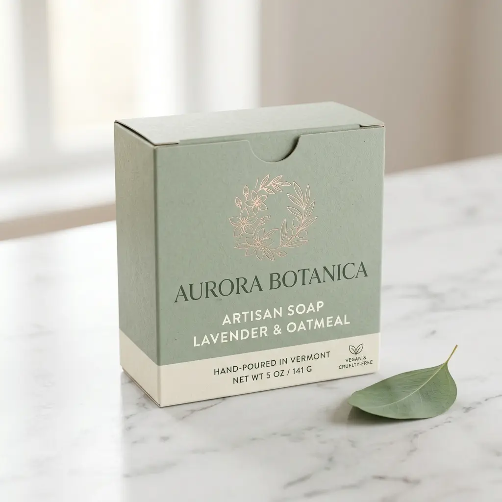 Sage green Aurora Botanica lavender oatmeal artisan soap box on white marble surface with eucalyptus leaf accent