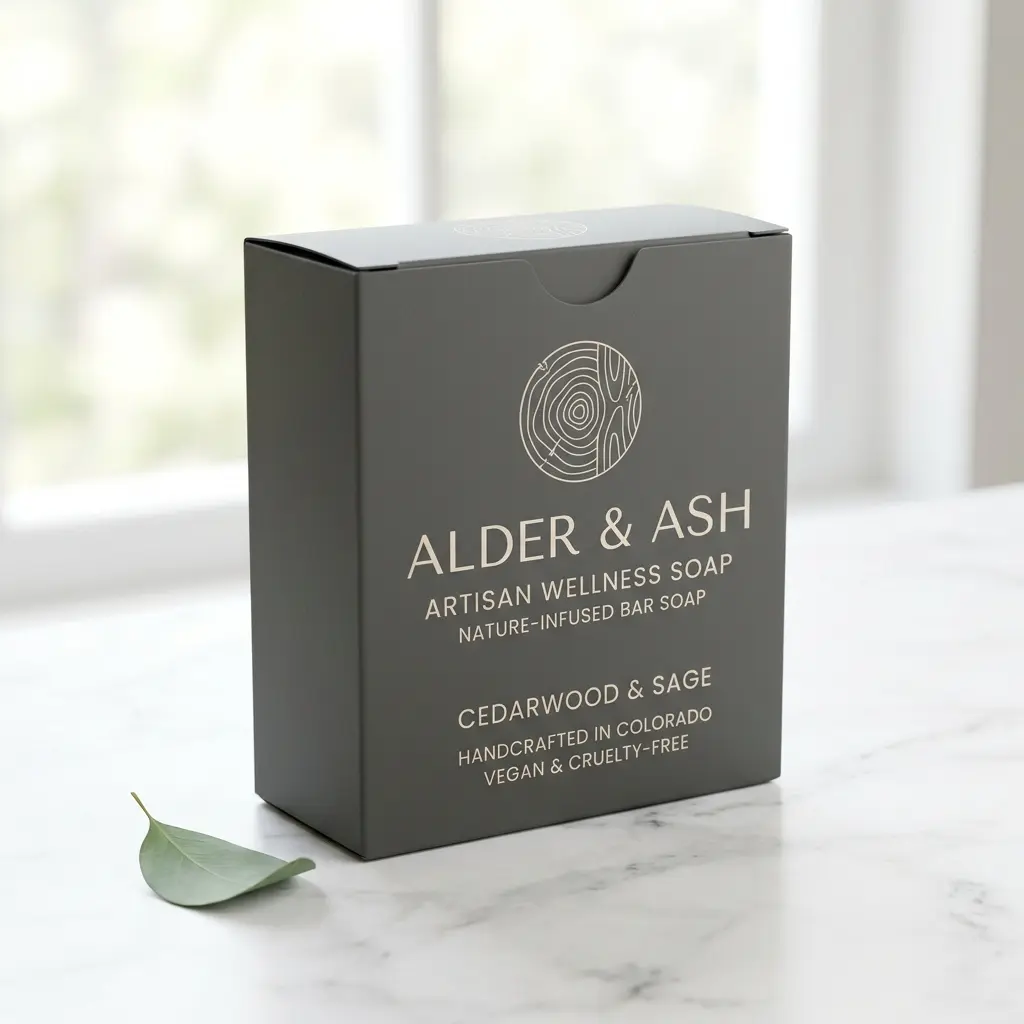Dark gray artisan soap packaging box for Alder & Ash cedarwood sage wellness soap on white marble surface with green leaf