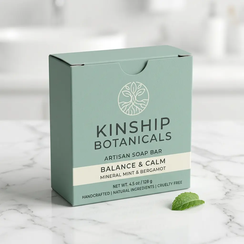 Kinship Botanicals Balance & Calm artisan soap bar packaging in sage green with tree logo on white marble surface with mint leaf