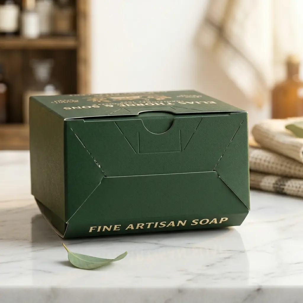 Green artisan soap packaging box on marble surface with folded towels and eucalyptus leaf in bright bathroom setting