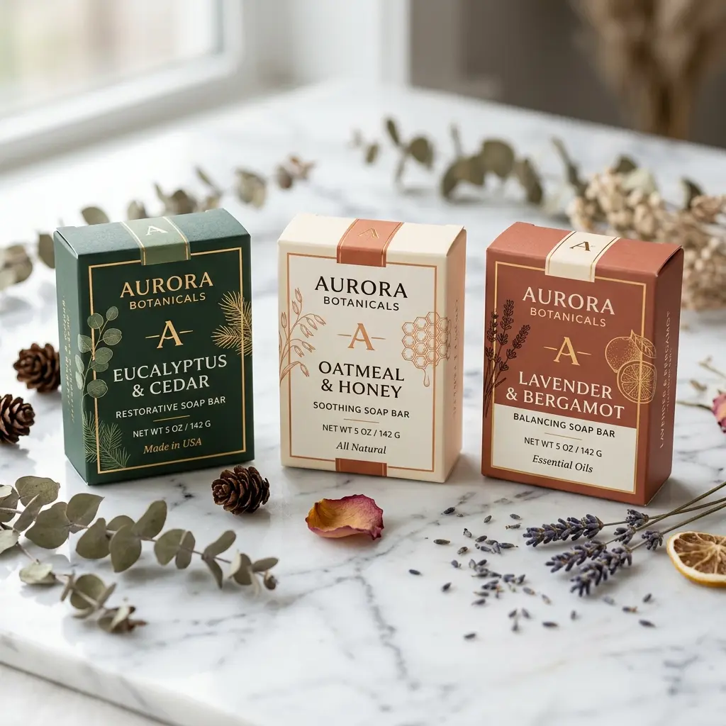 Three Aurora Botanicals soap bars in green, beige, and terracotta packaging on white marble surface with eucalyptus, lavender, and pine cones