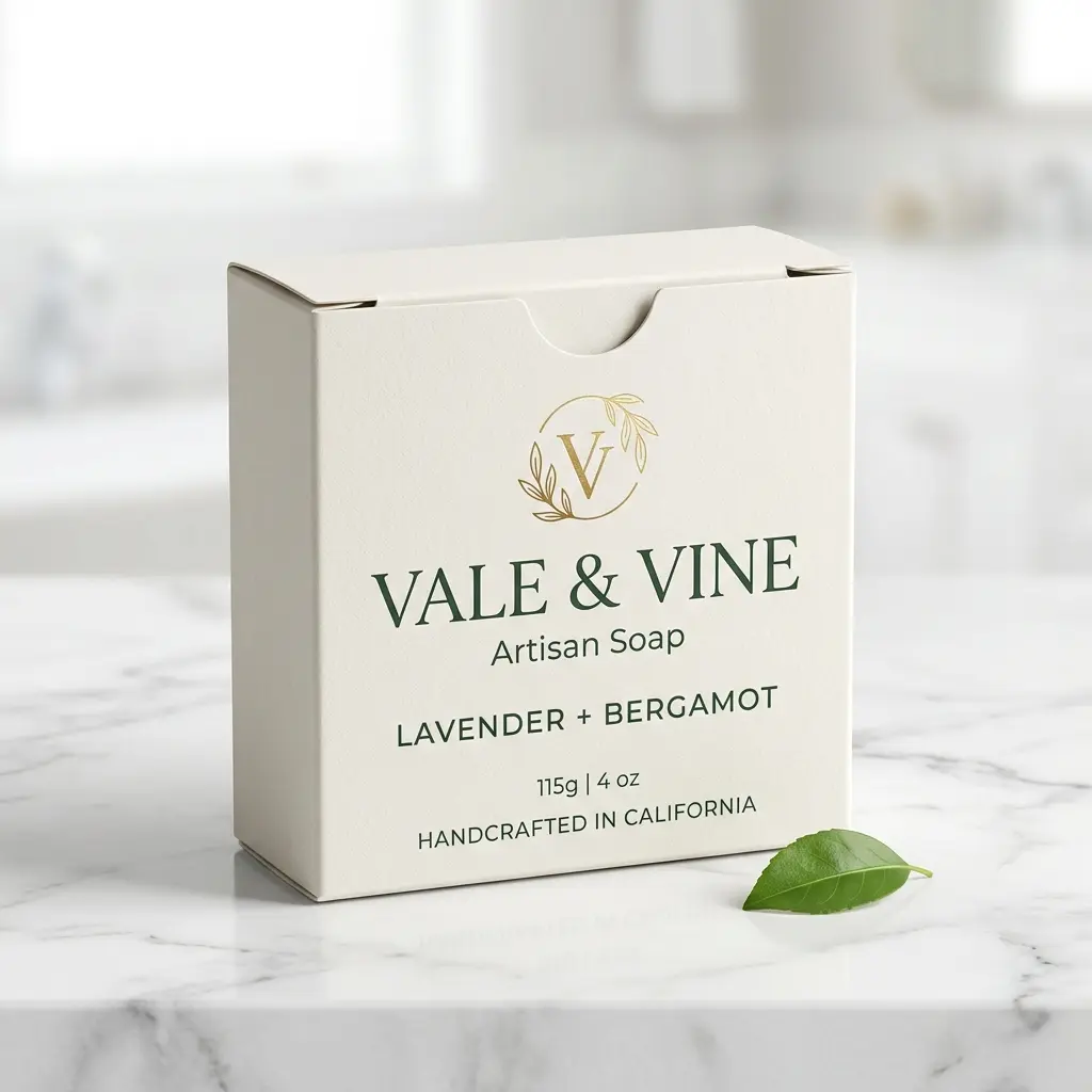 Vale & Vine lavender bergamot artisan soap box packaging on white marble surface with green leaf accent