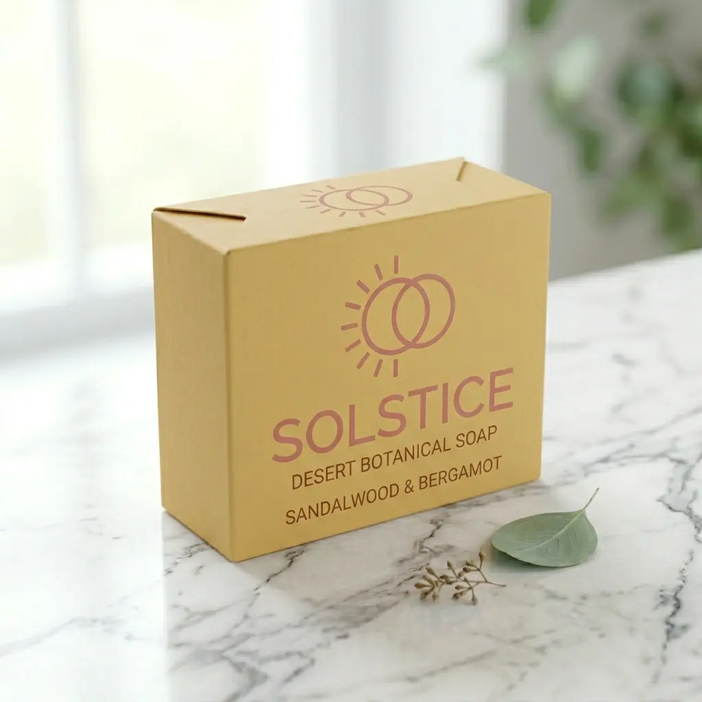 Solstice desert botanical soap box in golden yellow packaging with sandalwood bergamot scent on white marble surface