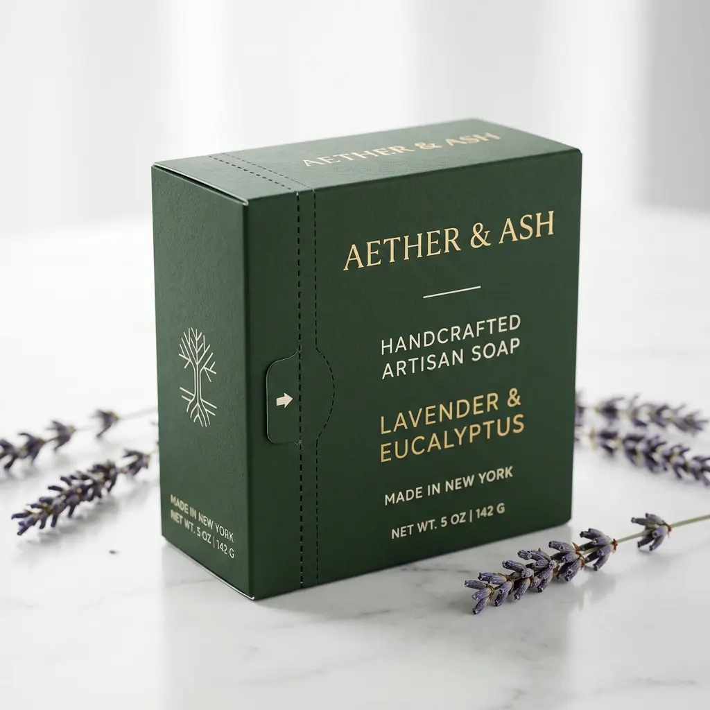 Green handcrafted artisan soap packaging box by Aether & Ash featuring lavender eucalyptus scent with dried lavender sprigs