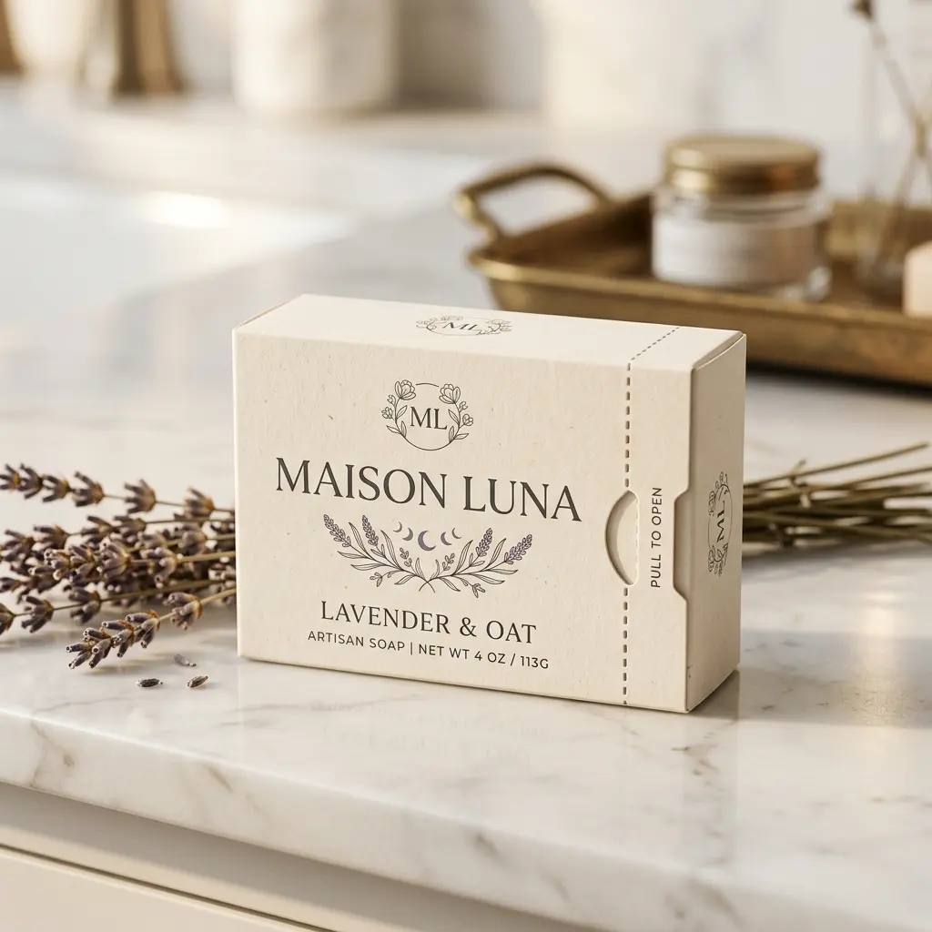 Elegant cream Maison Luna lavender oat artisan soap packaging on marble surface with dried lavender sprigs and bathroom accessories