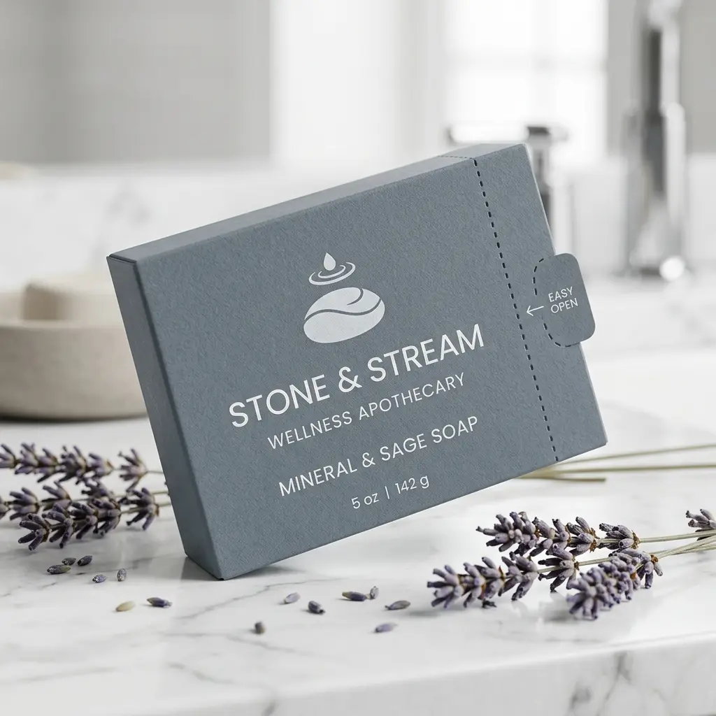 Stone & Stream wellness apothecary mineral sage soap box in slate gray packaging with lavender sprigs on white marble surface