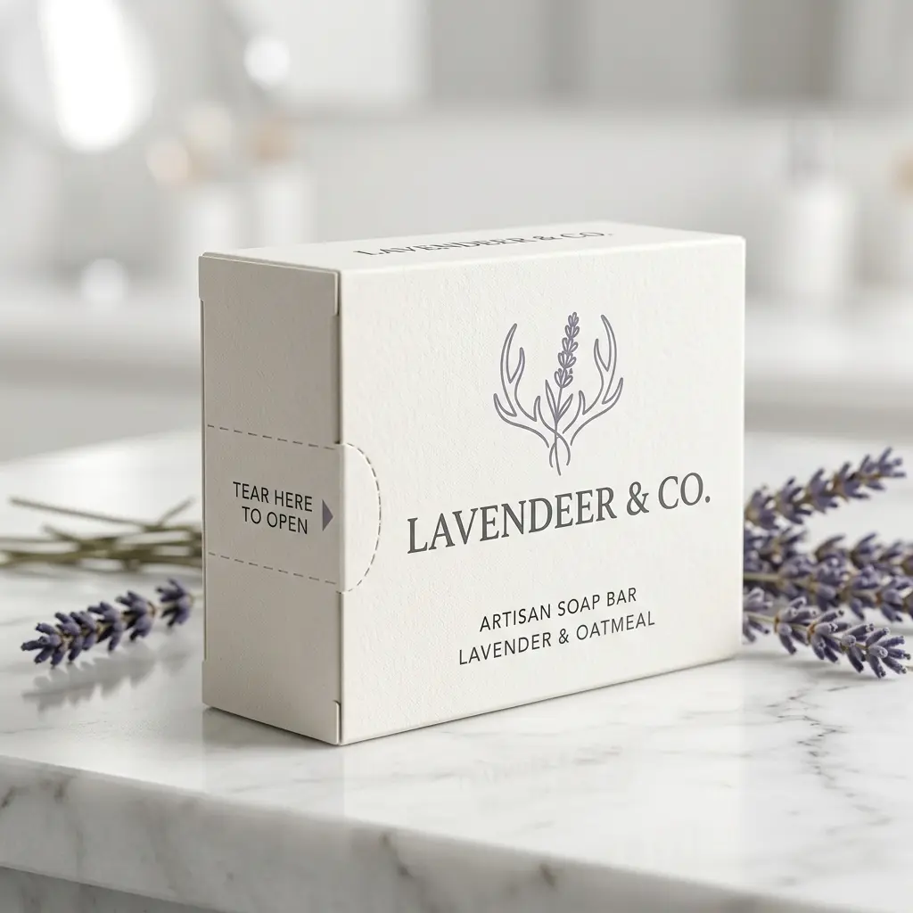 White artisan soap packaging box with lavender antler logo on marble surface surrounded by purple lavender sprigs in bright bathroom setting