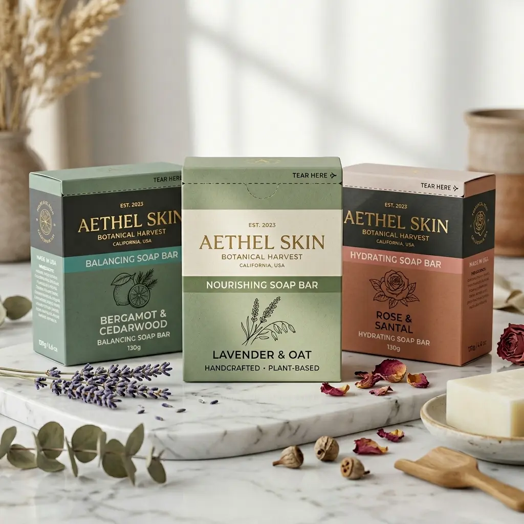 Three handcrafted Aethel Skin botanical soap bars in green and terracotta packaging on marble surface with lavender, rose petals, and natural styli...