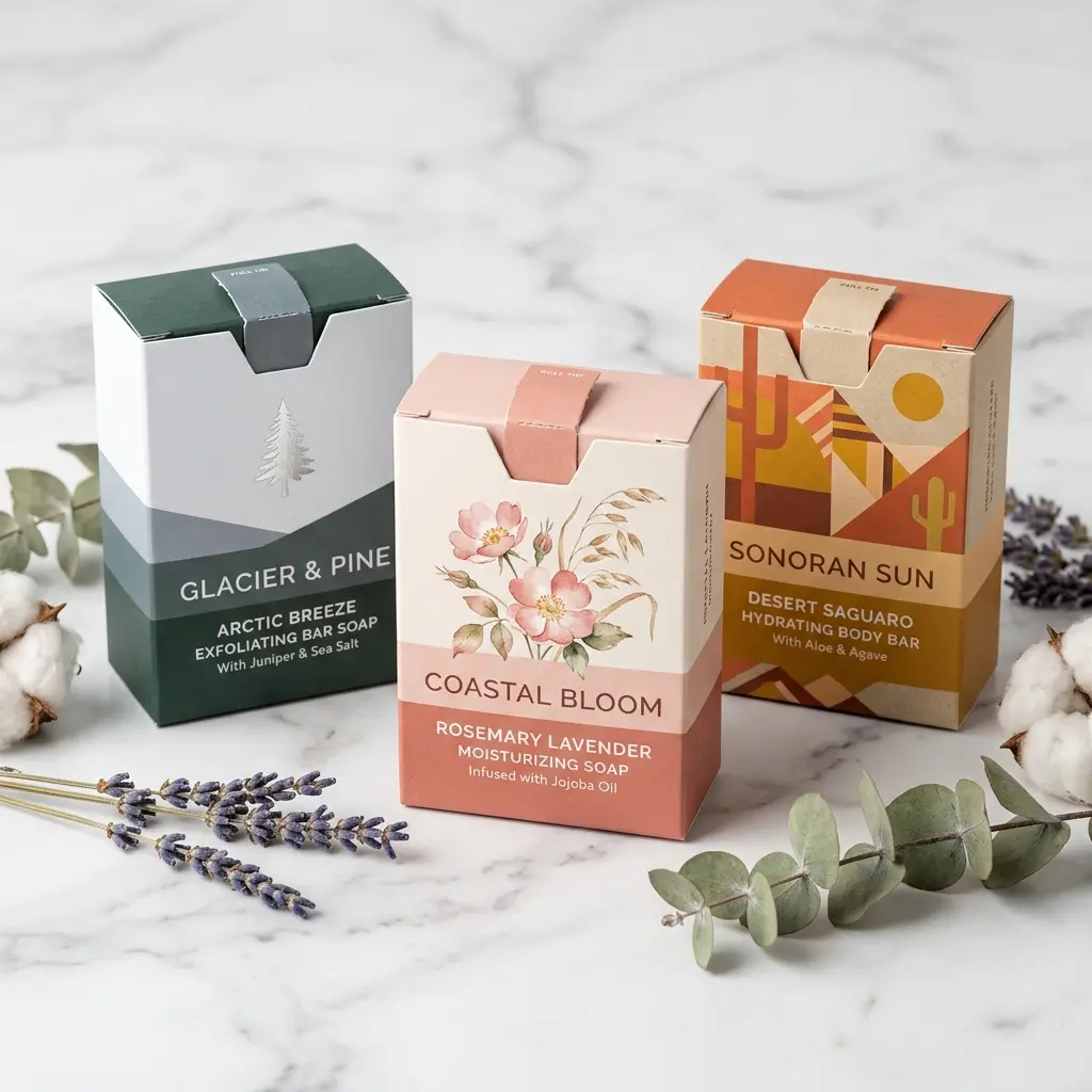Three luxury soap boxes with custom packaging design - green forest theme, pink floral bloom, and orange desert motif on marble surface with lavend...