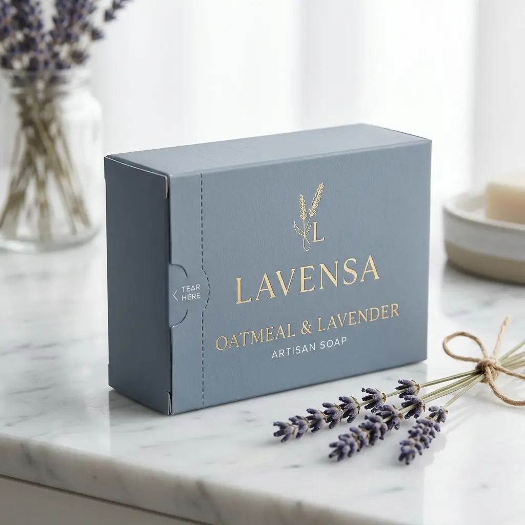 Luxury gray oatmeal lavender artisan soap box with gold foil text on white marble surface beside dried lavender sprigs