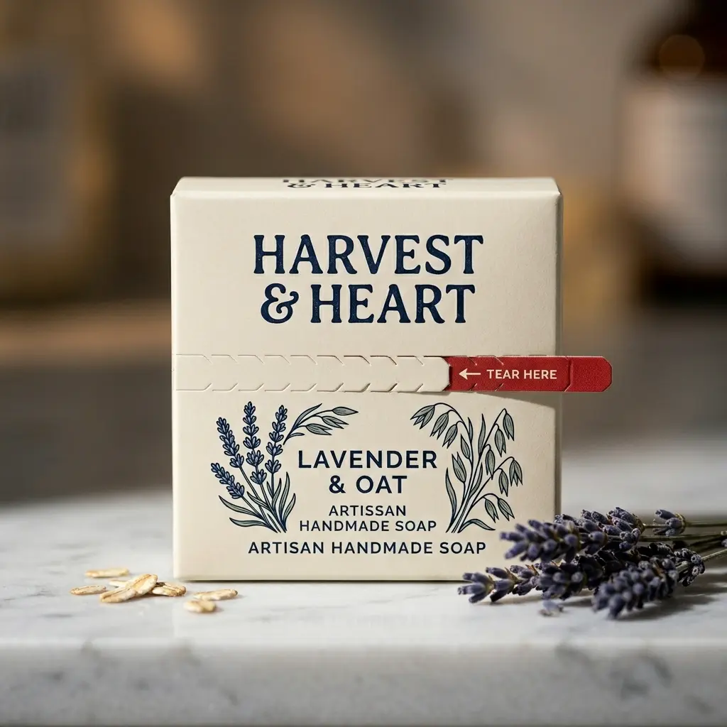 Harvest & Heart lavender oat artisan handmade soap box with tear-here tab, surrounded by dried lavender sprigs and oats on marble surface