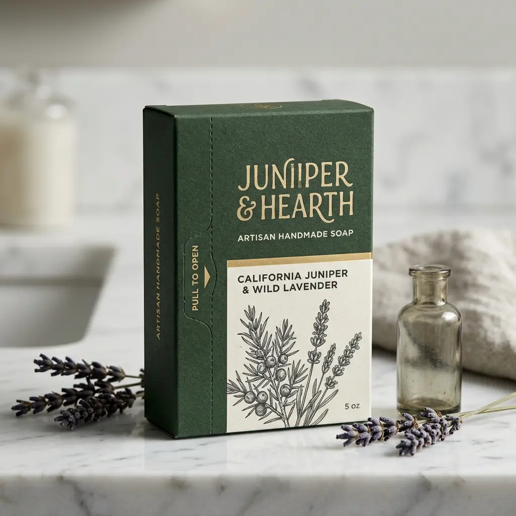 Juniper & Hearth artisan handmade soap box in forest green with California juniper wild lavender scent surrounded by dried lavender sprigs on white...