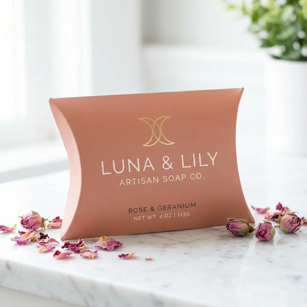 Rose-colored pillow box packaging for Luna & Lily Artisan Soap Co with dried rose petals on white marble surface