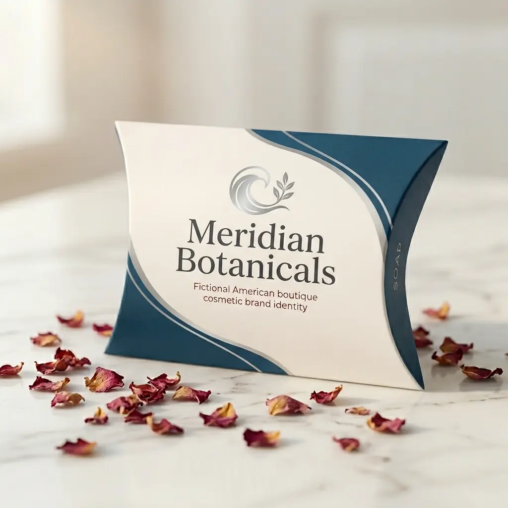 Elegant pillow box packaging for Meridian Botanicals cosmetic brand in teal and cream colors with dried rose petals scattered around