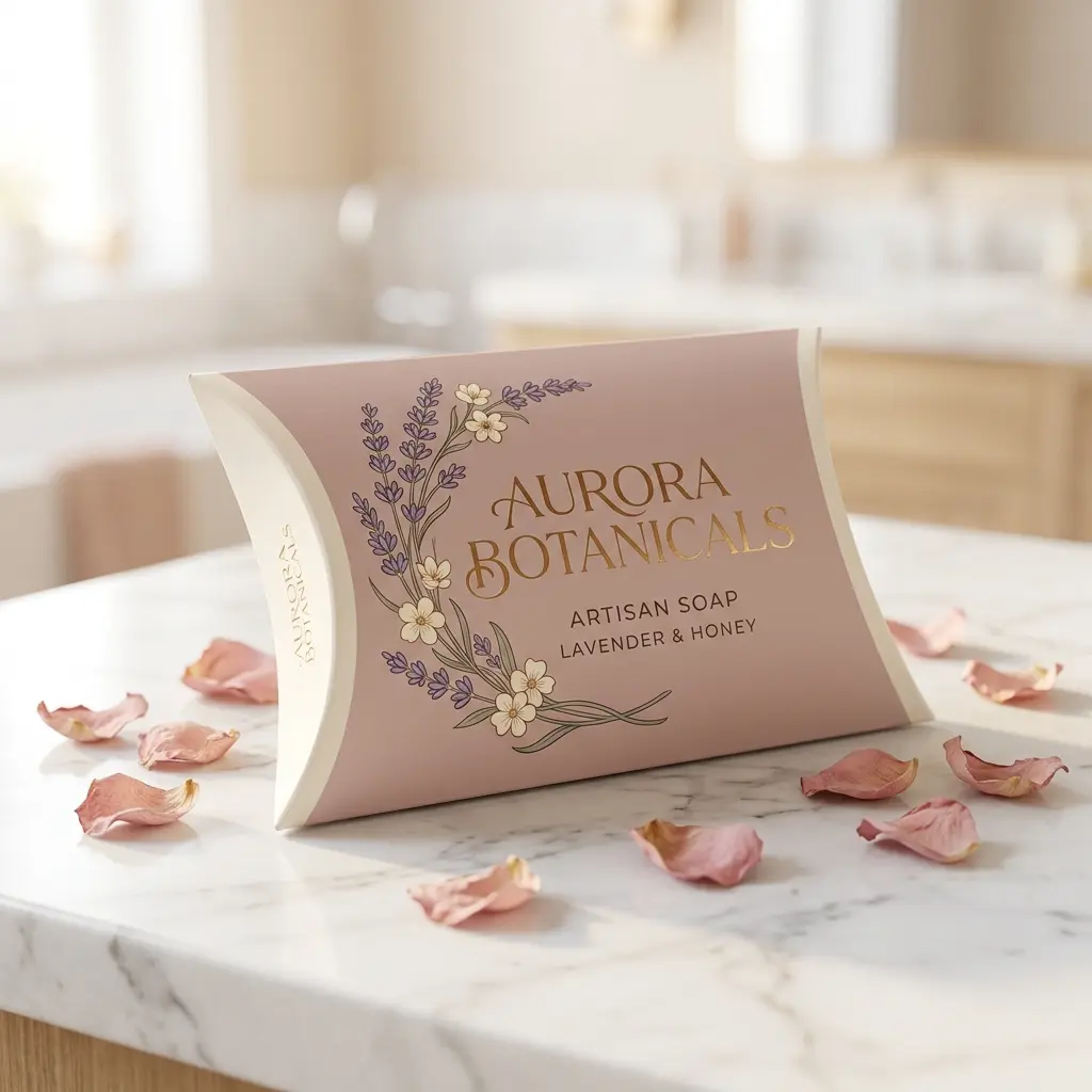 Aurora Botanicals lavender honey artisan soap in elegant pink pillow box packaging on white marble with rose petals